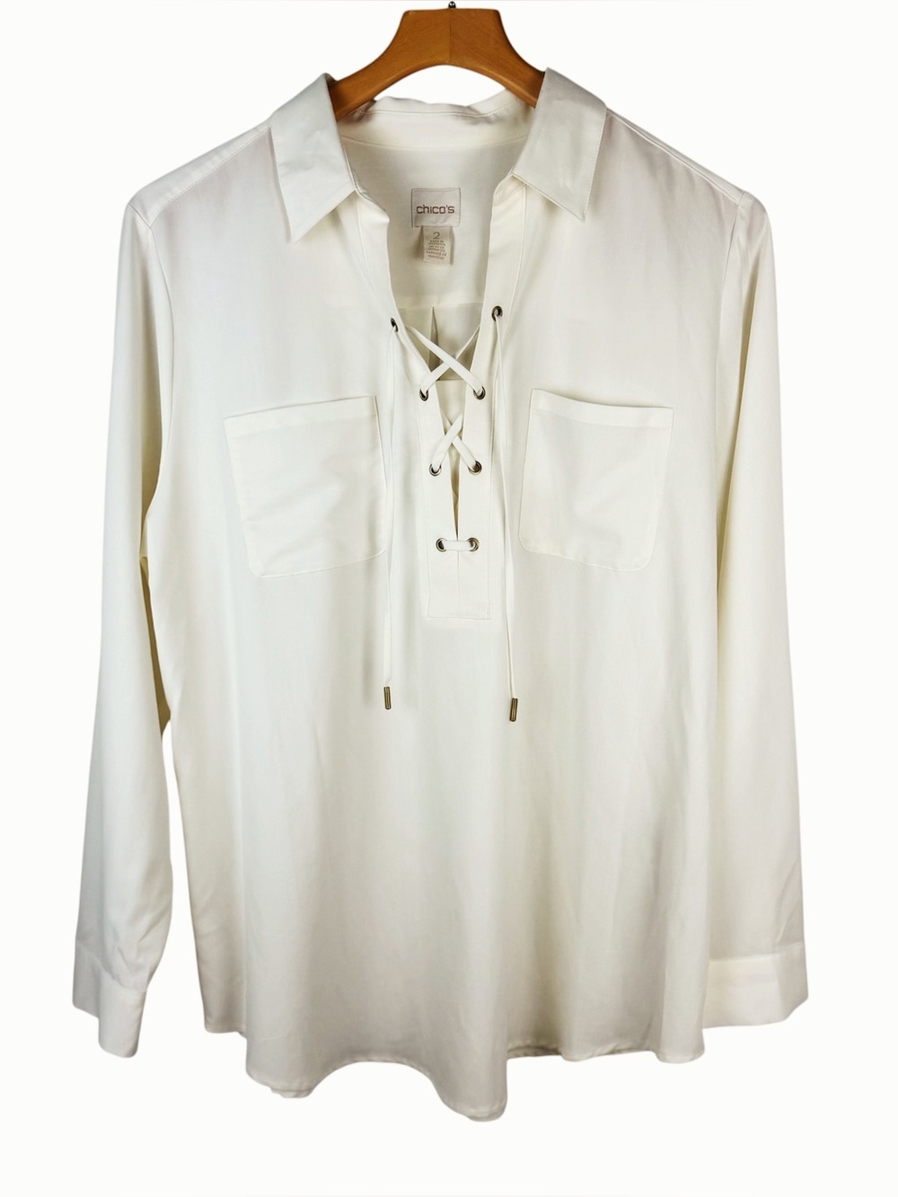 Chicos Ivory Lace Up Long Sleeve Blouse Size 2/US Large 12